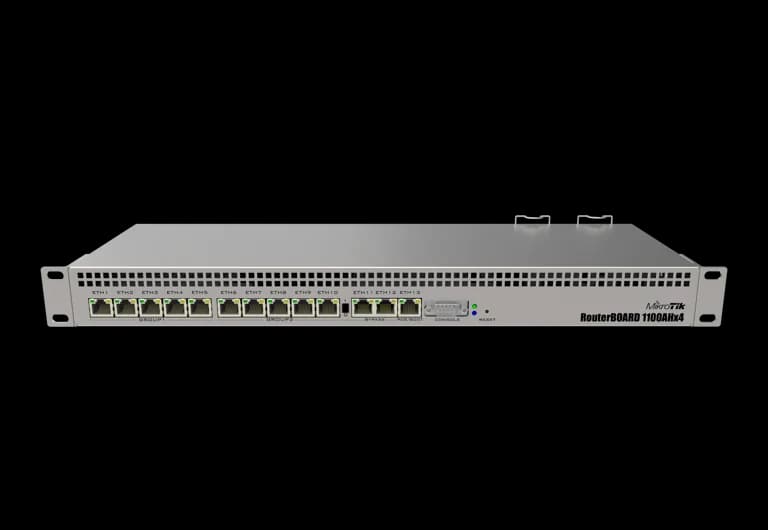 RB1100AHx4 — Routeur rackmount 13 ports Gigabit quad-core RouterOS Level 6. MikroTik distribué par UBSM au Maroc.